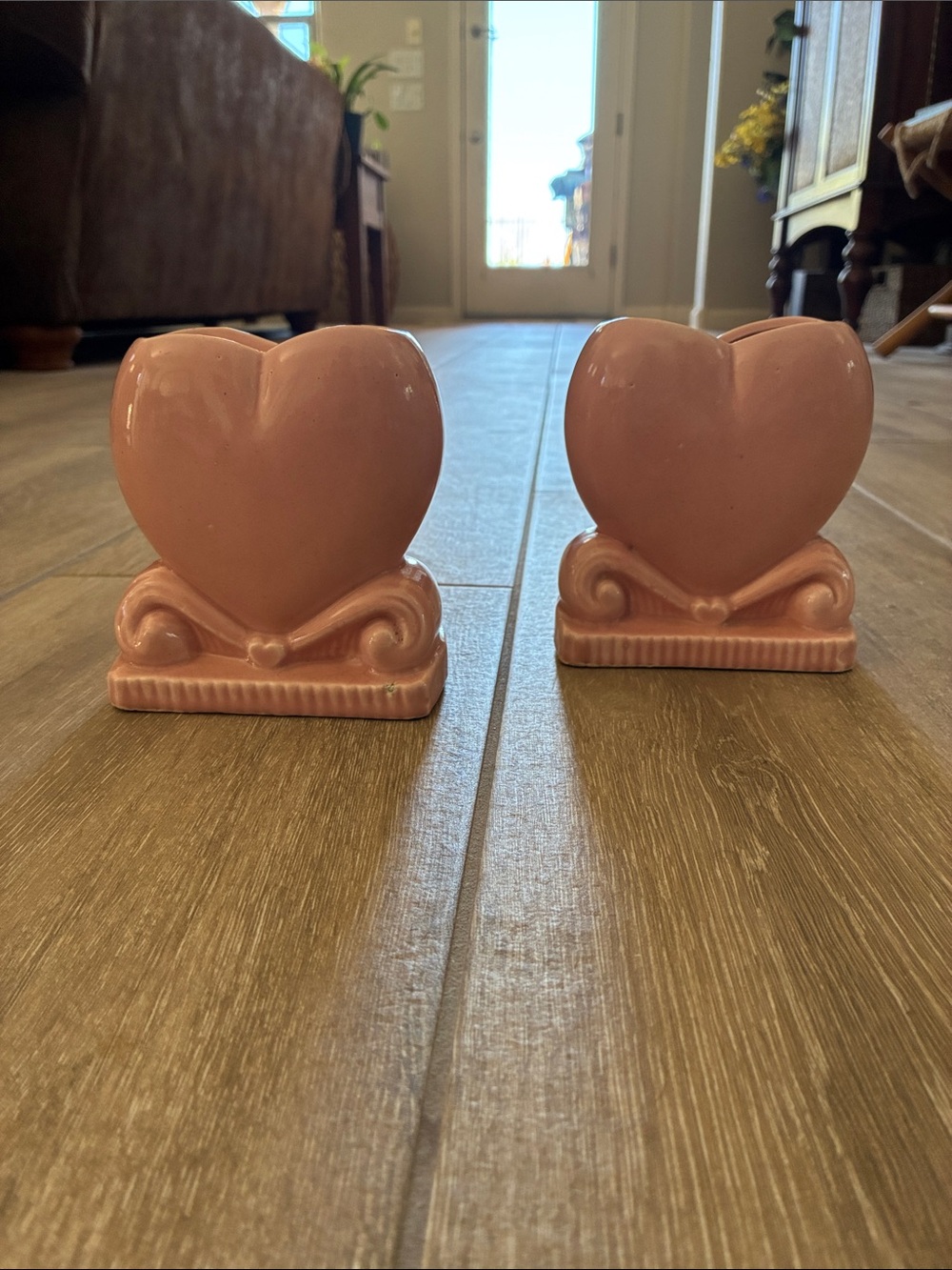 Set of 2 Morton Pottery Pink Ceramic Scroll Heart Vase Planters